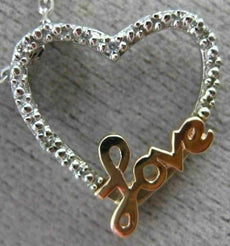 ESTATE .02CT DIAMOND 14KT WHITE & ROSE GOLD 3D OPEN HEART LOVE FLOATING PENDANT