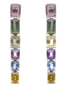 15.66CT AAA MULTI COLOR SAPPHIRE 18KT WHITE GOLD 3D EMERALD CUT HANGING EARRINGS