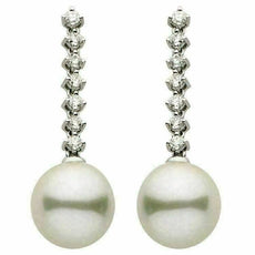 ESTATE .42CT DIAMOND & AAA SOUTH PEARL 18KT WHITE GOLD 7 STONE HANGING EARRINGS