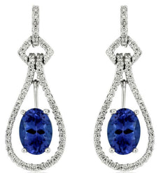 2.04CT DIAMOND & AAA TANZANITE 14KT WHITE GOLD OVAL TEAR DROP HANGING EARRINGS