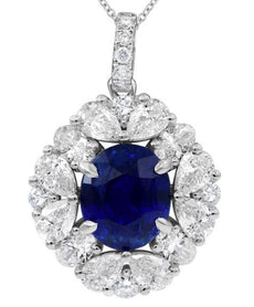 4.03CT DIAMOND & AAA SAPPHIRE 18KT WHITE GOLD 3D OVAL PEAR SHAPE & ROUND PENDANT