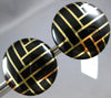 ESTATE LARGE BLACK ENAMEL 14K YELLOW GOLD 3D CIRCULAR CRISS CROSS STUD EARRINGS