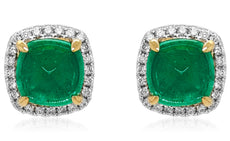ESTATE 5.85CT DIAMOND & AAA EMERALD 18K 2 TONE GOLD SQUARE CLASSIC STUD EARRINGS