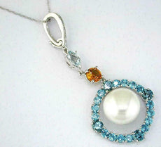 3.03CT DIAMOND & AAA MULTI GEM & PEARL 14KT WHITE GOLD CIRCULAR FLOATING PENDANT