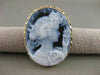 LARGE ESTATE 14KT YELLOW GOLD BLUE AGATE GIRL CAMEO FILIGREE PIN PENDANT #20769