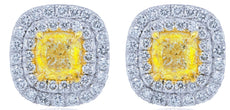 3.92CT WHITE & FANCY YELLOW DIAMOND 18KT 2 TONE GOLD 3D CUSHION & ROUND EARRINGS