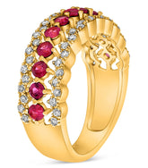 WIDE 1.23CT DIAMOND & AAA RUBY 14KT YELLOW GOLD 3 ROW WEDDING ANNIVERSARY RING