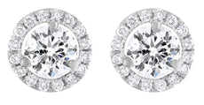ESTATE 1.55CT DIAMOND 18KT WHITE GOLD ROUND CLASSIC SOLITAIRE HALO STUD EARRINGS