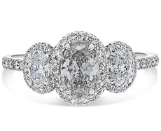 1.47CT DIAMOND PLATINUM OVAL & ROUND 3D 3 STONE CLASSIC HALO ENGAGEMENT RING
