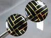 ESTATE LARGE BLACK ENAMEL 14K YELLOW GOLD 3D CIRCULAR CRISS CROSS STUD EARRINGS