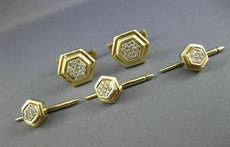 ESTATE LARGE 2.0CT DIAMOND 14K YELLOW 3D HEXAGON MENS CUFFLINKS & SHIRT STUD SET