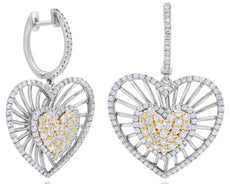 2.25CT DIAMOND 14KT 2 TONE GOLD 3D DOUBLE HEART LOVE FUN HUGGIE HANGING EARRINGS