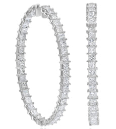 LARGE 7.33CT DIAMOND 14KT WHITE GOLD PRINCESS SHARED PRONG HOOP HANGING EARRINGS