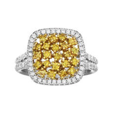 ESTATE .99CT WHITE & FANCY YELLOW DIAMOND 18KT TWO TONE GOLD CLUSTER SQUARE RING