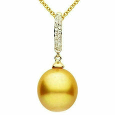 ESTATE .07CT DIAMOND & AAA GOLDEN PEARL 14KT YELLOW GOLD 2 ROW PAVE BAR PENDANT
