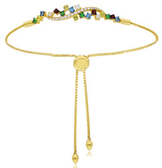 1.08CT DIAMOND & AAA MULTI GEM 14KT YELLOW GOLD DOUBLE WAVE ADJUSTABLE BRACELET