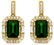 2.21CT DIAMOND & AAA RUSSALITE 14KT YELLOW GOLD 3D EMERALD CUT HANGING EARRINGS