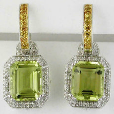 9.35CT DIAMOND & AAA LEMON QUARTZ 14KT WHITE GOLD 3D EMERALD CUT HALO EARRINGS