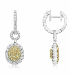 ESTATE 3.08CT WHITE & FANCY YELLOW DIAMOND 18K 2 TONE GOLD OVAL HANGING EARRINGS