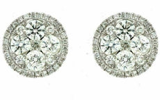 ESTATE LARGE 1.78CT ROUND DIAMOND 14K WHITE GOLD 3D CLUSTER FLOWER STUD EARRINGS