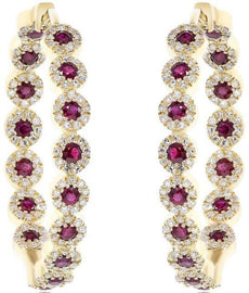 2.02CT DIAMOND & AAA RUBY 14KT YELLOW GOLD 3D MULTI FLOWER HOOP HANGING EARRINGS