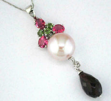 4.74CT DIAMOND AAA TOURMALINE & SOUTH SEA PEARL 14K WHITE GOLD TEAR DROP PENDANT