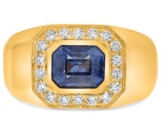 LARGE 2.35CT DIAMOND & AAA SAPPHIRE 14KT YELLOW GOLD 3D EMERALD CUT MEN'S RING