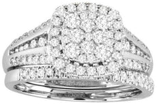 ESTATE 1.0CT DIAMOND 14KT WHITE GOLD ROUND CLUSTER CHANNEL ANNIVERSARY RING SET