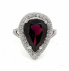 LARGE 7.16CT DIAMOND & AAA RHODOLITE 18KT WHITE GOLD PEAR SHAPE ENGAGEMENT RING