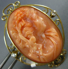 ANTIQUE LARGE VICTORIAN DIAMOND & AAA CORAL 14KT GOLD CAMEO BROOCH PENDANT #888