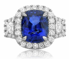 EGL CERTIFIED LARGE 6CT DIAMOND & AAA SAPPHIRE PLATINUM 3 STONE ENGAGEMENT RING