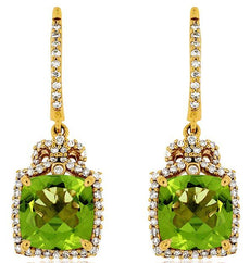 4.62CT DIAMOND & AAA PERDIOT 14KT YELLOW GOLD 3D CUSHION FLOWER HANGING EARRINGS