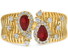 LARGE .90CT DIAMOND & AAA RUBY 14KT YELLOW GOLD PEAR SHAPE ROUND MULTI BAR RING