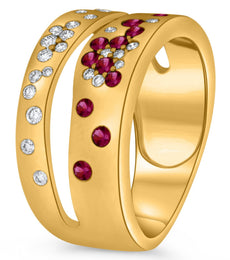 WIDE .54CT DIAMOND & AAA RUBY 14KT YELLOW GOLD ROUND DOUBLE BAND ETOILE FUN RING