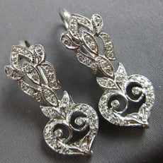 LARGE .60CT DIAMOND 14KT WHITE GOLD 3D HEART FILIGREE LEVERBACK HANGING EARRINGS
