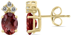 1.10CT DIAMOND & AAA GARNET 14KT YELLOW GOLD OVAL & ROUND CLASSIC STUD EARRINGS