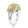 1.88CT WHITE & FANCY YELLOW DIAMOND 18K 2 TONE GOLD CUSHION & ROUND 3 STONE RING