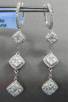 ESTATE LONG 1.68CT DIAMOND 18KT WHITE GOLD 3D SQUARE HALO HANGING EARRINGS