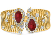 LARGE .90CT DIAMOND & AAA RUBY 14KT YELLOW GOLD PEAR SHAPE ROUND MULTI BAR RING