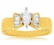 ESTATE 1.10CT MARQUISE & BAGUETTE DIAMOND 14K YELLOW GOLD 3D BOW ENGAGEMENT RING