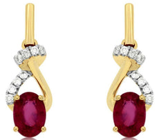 1.2CT DIAMOND & AAA RUBY 14K YELLOW GOLD OVAL & ROUND LOVE KNOT HANGING EARRINGS