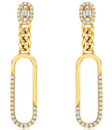 0.41CT DIAMOND ROUND & BAGUETTE 14KT YELLOW GOLD 3D OVAL LINK PAPERCLIP EARRINGS