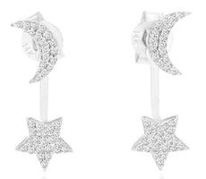 .22CT DIAMOND 14KT WHITE GOLD 3D CLASSIC MOON & STAR LOVE FUN HANGING EARRINGS