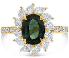 WIDE 2.92CT DIAMOND & AAA GREEN SAPPHIRE 18KT YELLOW GOLD FLOWER ENGAGEMENT RING