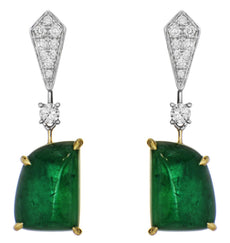14.21CT DIAMOND & AAA EMERALD 18KT 2 TONE GOLD ROUND & HALF A MOON FUN EARRINGS