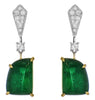 14.21CT DIAMOND & AAA EMERALD 18KT 2 TONE GOLD ROUND & HALF A MOON FUN EARRINGS