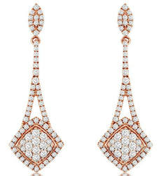 ESTATE 1.0CT DIAMOND 14KT ROSE GOLD 3D CLUSTER SQUARE DIAGONAL HANGING EARRINGS