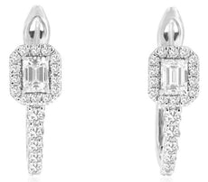 1.0CT DIAMOND 14K WHITE GOLD EMERALD CUT ROUND FLOWER LEVERBACK HANGING EARRINGS