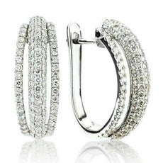 ESTATE 1.28CT DIAMOND 18KT WHITE GOLD 3D ROUND PAVE MULTI ROW SEMI HOOP EARRINGS