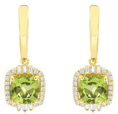 3.19CT DIAMOND & AAA PERIDOT 14KT YELLOW GOLD CUSHION ROUND & BAGUETTE EARRINGS